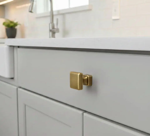 Brushed Antique Brass One Inch Square Cabinet Knob set on modern white kitchen cabinet, sleek contemporary look.