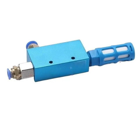 Industrial Pneumatic Vacuum Generator for Heavy Duty Material Handling, blue anodized metal valve with hose attachment.