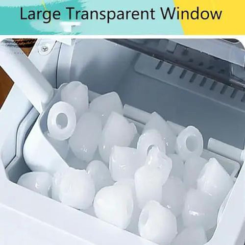 Portable Nugget Ice Maker, Plug And Play Electric Countertop Ice Machine With Free Scoop And Basket, Fast Chill Six Minute Batch showing ice cubes in large transparent window.