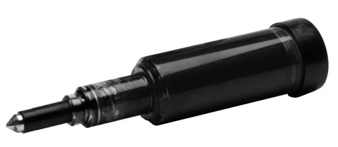 Chainsaw grease gun nozzle, side view; black plastic body with metal conical tip.