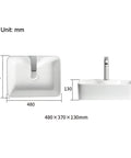 Countertop Bathroom Sinks 18.8"X14.5" Rectangular Bathroom Sink, Above Counter Ceramic Vessel Sink with Faucet, dimensions shown in mm.