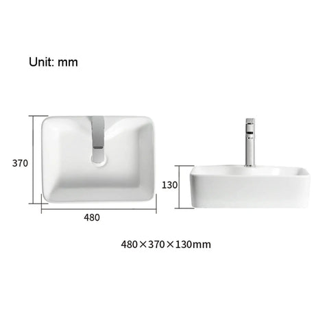 Countertop Bathroom Sinks 18.8"X14.5" Rectangular Bathroom Sink, Above Counter Ceramic Vessel Sink with Faucet, dimensions shown in mm.