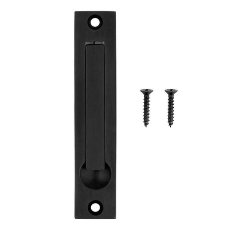 Edge Pull Latch Set For Barn Doors And Closets, Solid Forged Brass Handles In Matte Black, shown with screws