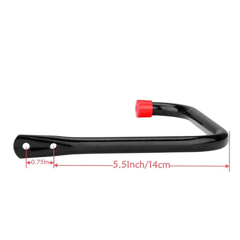 Side view of a 5.5-inch wall-mounted hook part of Heavy Duty Garage Storage Hooks 8 Pack Six Point Seven Inch Wall Hangers For Ladder Shovel Bike Garden Tool Hose and Outdoor or Indoor Organization To Save Space In The Garage Shed Or Workshop Gear Up For Easy Access.