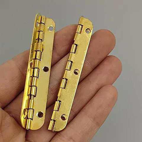 Close-up of Two Pack Golden Metal Hinges for Cabinets and Furniture Hardware held in hand, showcasing antique vintage look and design.
