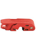 Red Circuit Breaker Lockout For Standard Single And Double Toggles No Fuss Tagout Box Lock With Grip Tight Design 24 Amps OSHA Compliant Safety Lockout Solution For 120 And 240 Volt Breakers, shown in side view, red plastic with securing mechanism visible.