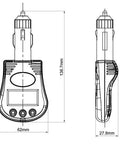 12V Car Battery And Charging System Tester With LCD Voltmeter drawing showing dimensions and design for easy cigarette lighter use.