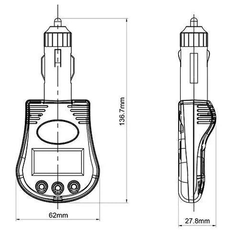 12V Car Battery And Charging System Tester With LCD Voltmeter drawing showing dimensions and design for easy cigarette lighter use.