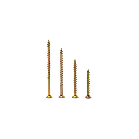 Four yellow zinc screws from Woodworking Screw Set For DIY Projects Coarse Thread Bugle Head Yellow Zinc Drywall Screws DIY Friendly Heavy Duty 100 Piece Assortment Kit 38mm Length For Wood To Wood Construction And Framing