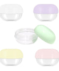 Five Pack 10ml Travel Containers Set For Creams, Lotions, And Makeup, Ultra Compact Lightweight Travel Jars For On The Go, Refillable TSA Friendly Cosmetic Containers For Easy Carry displayed with colorful lids.