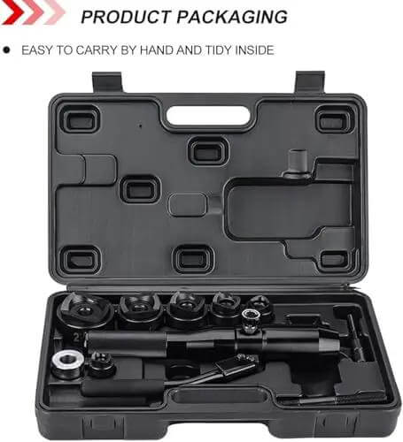 Hydraulic Knockout Punch Kit With Manual Hole Cutter Set For Electric Conduit Includes Six Dies in portable case, open view