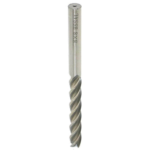 End mill bit side view, 8 mm cutting diameter, 8 mm straight shank, 4-flute HSS, 100 mm length