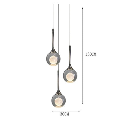 Modern Stair Chandelier Pendant Lights Indoor Lighting Ceiling Lamp with three hanging spheres 30CM wide and 150CM drop.