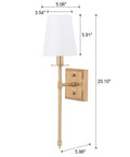 Sleek Modern Wall Sconces in Antique Brass Brush Finish With White Fabric Shade, Slim Metal Fixture Dimensions Shown