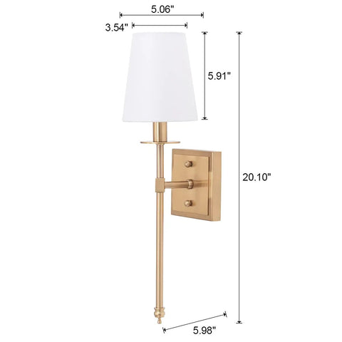 Sleek Modern Wall Sconces in Antique Brass Brush Finish With White Fabric Shade, Slim Metal Fixture Dimensions Shown