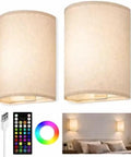 Battery Operated Wall Sconce Set Of Two With Remote And Usb C Rechargeable Power No Drill Setup, beige linen shades.