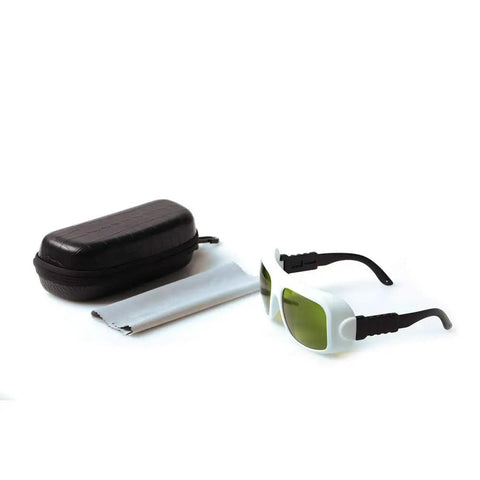 Top Shelf Laser Safety Glasses For Nd Yag And Semiconductor Work High Power Eye Protection With Optical Density Filtering Crisp Vision Shield Built Tough, in black case with cleaning cloth.
