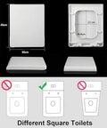 Solid As A Rock Square Toilet Seat Featuring Ultra Smooth Soft Close Lid And Super Quick Release Hinges Heavy Duty Thickened Plastic Construction dimensions and fitting guide.