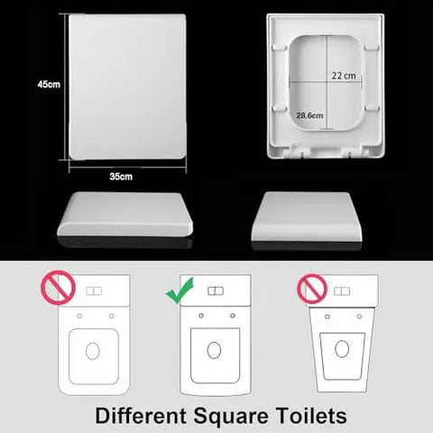 Solid As A Rock Square Toilet Seat Featuring Ultra Smooth Soft Close Lid And Super Quick Release Hinges Heavy Duty Thickened Plastic Construction dimensions and fitting guide.