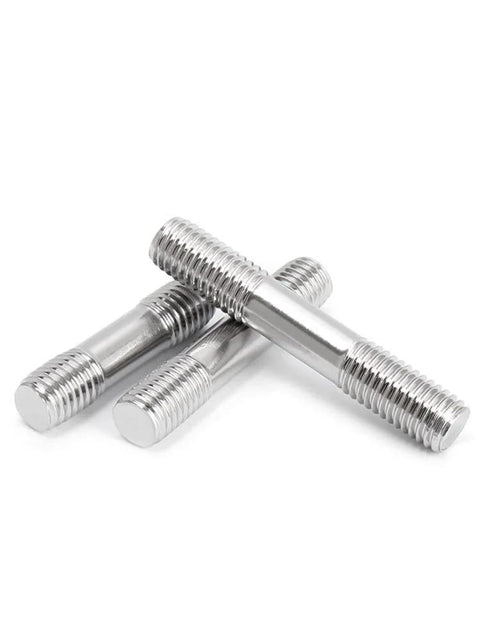 Close-up of stainless steel double-ended threaded studs, M8x30, five-piece set