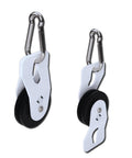 Two Quick-Load Fitness Pulley Sheaves in white, heavy-duty design with carabiner. Home gym use, 500 lb capacity, smooth glide.