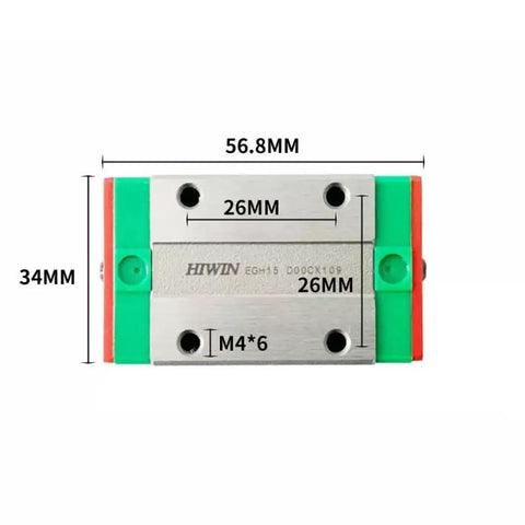 EGH15CA Linear Block For EGH15 Linear Motion Slider Rail Beefy Speed And Load Ready Rock Solid Rigidity And High Precision Taiwan Made One Piece Block For Precise Motion Applications. HIWIN EGH15 linear block with 56.8mm x 34mm dimensions and M4x6 holes