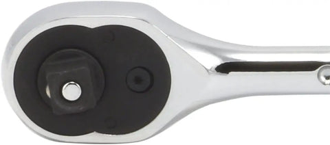 Close-up of extendable three eighths inch drive ratchet handle with 72 tooth reversible ratcheting, ideal for tight spaces.