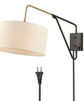 Modern Swing Arm Bedside Wall Lamp With Adjustable Arm And Wall Mount Plug In Or Hardwire Sconce Off White Fabric Shade