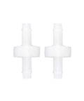 Two white PVDF one-way check valves with barbed ends (1/4 in / 6 mm)