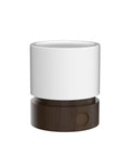 Dimmable LED Night Light With Timer For Nursery And Kids Bedroom, woodgrain bedside lamp in white and brown, front view.