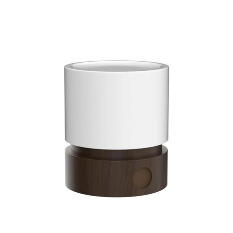 Dimmable LED Night Light With Timer For Nursery And Kids Bedroom, woodgrain bedside lamp in white and brown, front view.
