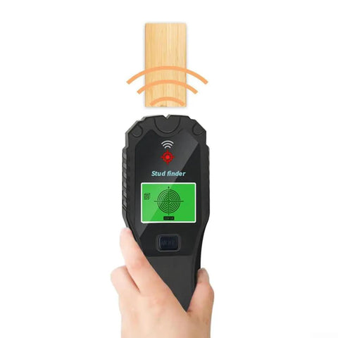 5-in-1 for stud Finder Wall Scanner for Wood Metal AC Wire Detection with Edge Finding Mode Deep Scan up to 1.5 Inch held above wood.