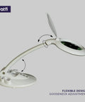 All In One LED Magnifying Lamp With Dust Cover, 5 Inch Glass Lens, angled view showing adjustable gooseneck
