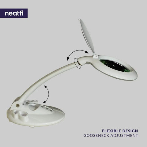 All In One LED Magnifying Lamp With Dust Cover, 5 Inch Glass Lens, angled view showing adjustable gooseneck
