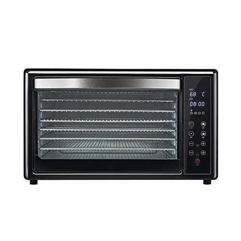 Reliable Digital Food Dehydrator With Eight Roomy Trays For Hassle Free Fruit Vegetable Herb And Homemade Pet Snack Drying Featuring Precise Heat Settings And Long Timer Controls, black countertop model.