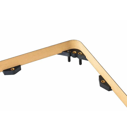 Close-up of the corner detail showing the black attachment points of the Premium 24 By 32 Router Table Top With Hella Smooth Low Friction Laminate Finish And Dead Nuts Stable One Inch MDF Base For Zero Drag Glides Knockout Feed Rates And Easy Routing Control In Your Garage Or Shop.