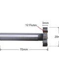 Side view of HSS-AL T-slot end mill cutter with straight shank, 12-flute, 20x3x70mm.