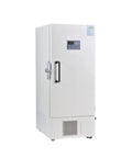 Top Shelf Ultra Low Temp Deep Freezer Engineered For Serious Lab Sample Vault with white exterior and door handle for lab specimen storage.
