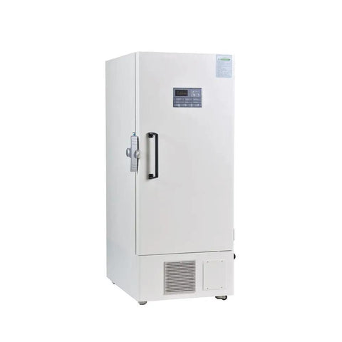 Top Shelf Ultra Low Temp Deep Freezer Engineered For Serious Lab Sample Vault with white exterior and door handle for lab specimen storage.