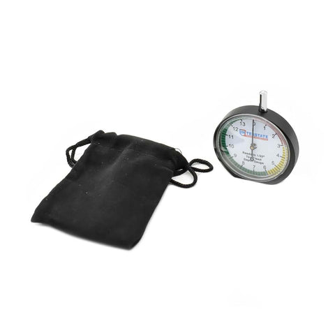 Pro Grade Dial Type Tire Tread Depth Gauge with 1/32 Inch Increments, color-coded scale, and carrying pouch for fast checks.
