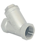 Megairon 1-inch WYE strainer valve, stainless steel SS316, female NPT threads, angled front view