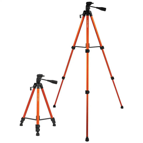 Lightweight Aluminum Tripod with Mount for Laser Levels and Tools, shown extended and collapsed, orange finish, non-skid feet