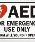Front view of AED emergency-use sign sticker with red heart and lightning bolt, 7x5 inches.