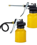 Front view: two JUNCHI 8 oz hand pump oilers, yellow cans with black tops; one with metal spout, other with hose.
