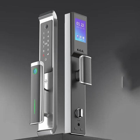 Straight Up Reliable Smart Door Lock With Fingerprint Authentication Waterproof Remote Video Peephole stylish gray design with keypad.