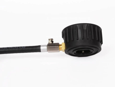 Side view tire pressure gauge with hose and brass fitting, black dial head