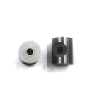 Dialine waterjet mixing chamber parts; two metal cylinders with central holes (front and side views)