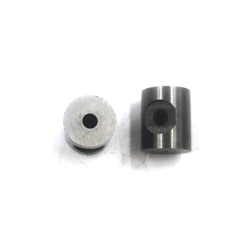 Dialine waterjet mixing chamber parts; two metal cylinders with central holes (front and side views)