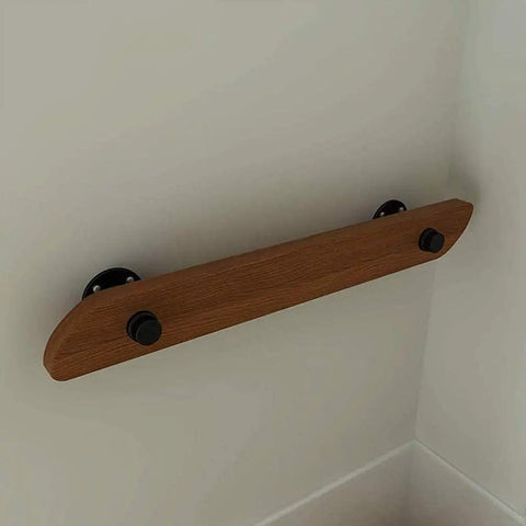 Premium 4 Foot Wooden Stair Handrail Featuring A Hella Secure Non Slip Grip Heavy Duty Iron Bracket Kid Safe And Top Shelf Crafted For Indoor Or Outdoor Home Use Reliable Daily Support That Truly Pays Off, mounted on wall.
