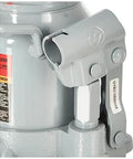 Close-up of Beefy 20 Ton Hydraulic Bottle Jack With Steel Lifting Saddle, Extension Screw, Bypass System And Heat Treated Stress Areas.